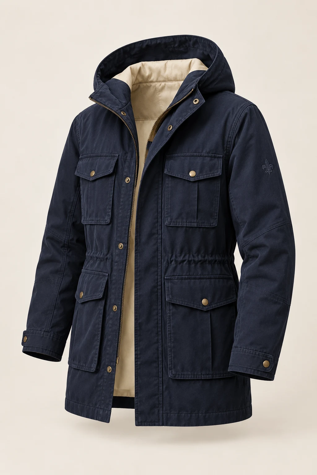 An ink navy hooded parka with a straight hem, shown alone against a pale studio background.