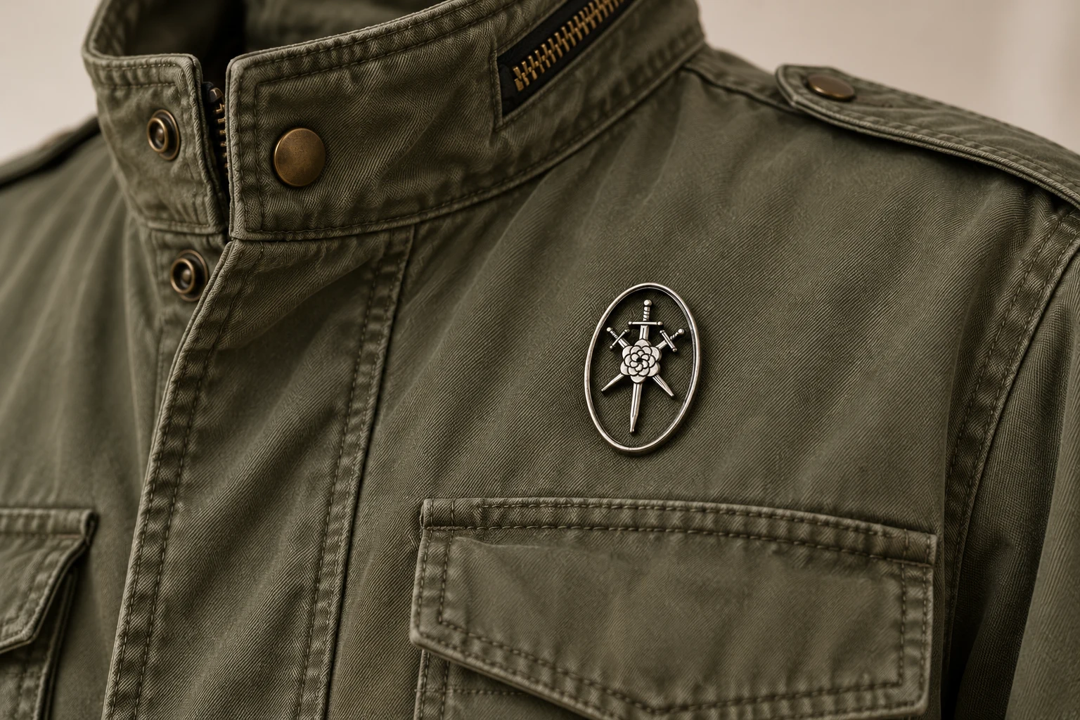 The silver oval Three Swords pin fastened to olive cotton near the collar, shown in close detail.